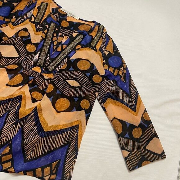 Collective Concepts Beaded Flowy Top Blouse Womens Small Blue Purple Tan Gold - Picture 8 of 10